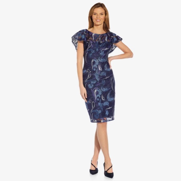 Adrianna Papell EMBROIDERED FLUTTER SLEEVE MIDI SHEATH DRESS IN NAVY MULTI - Picture 3 of 6